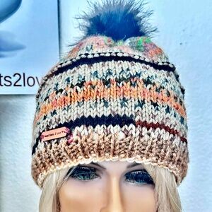 Hand Knits 2 Love Beanie Slouch Winter Hat Faux Fur Pom Pom Designer Camouflage